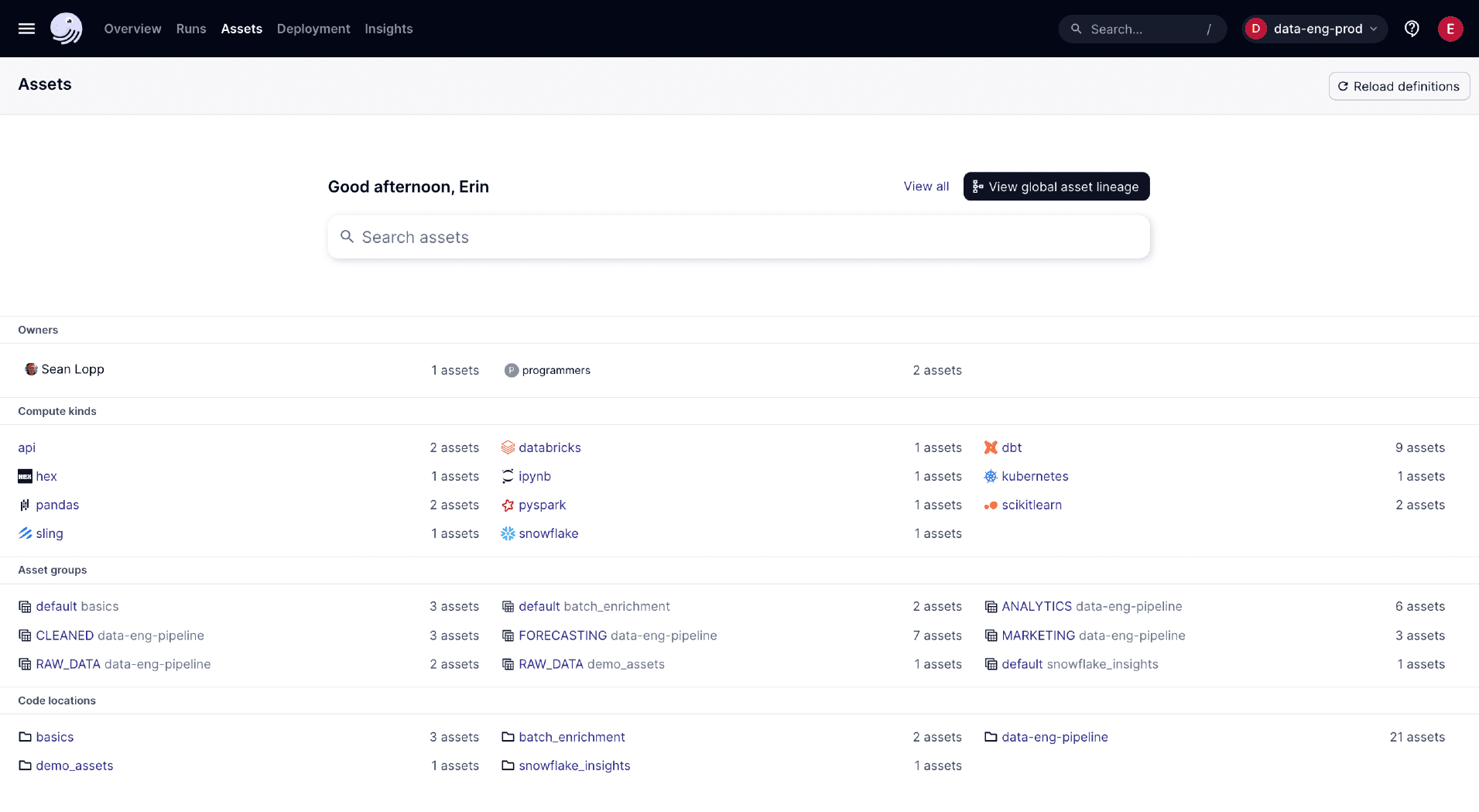 The Asset Catalog page in the Dagster UI